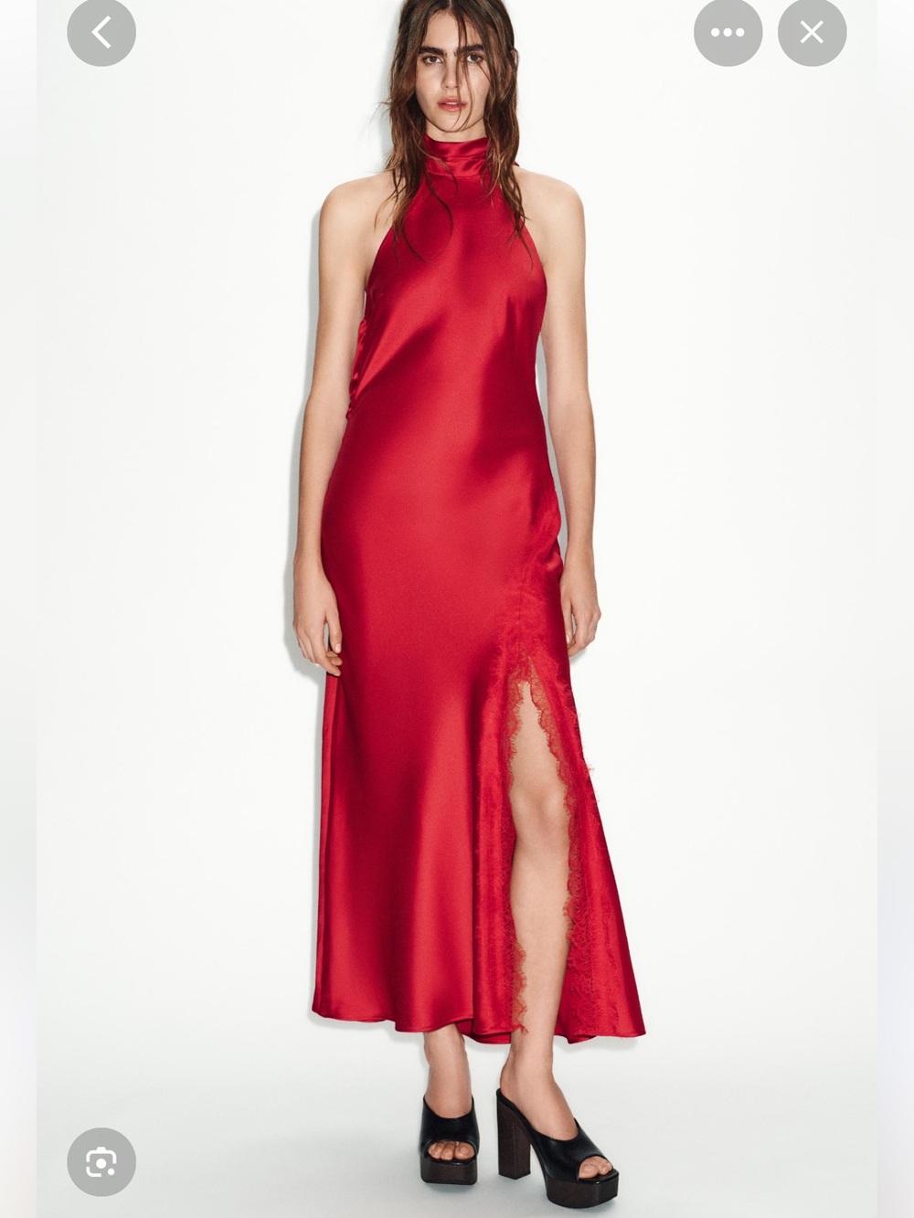 Zara Red Satin Halter Slip Dress with Lace Thigh Slit